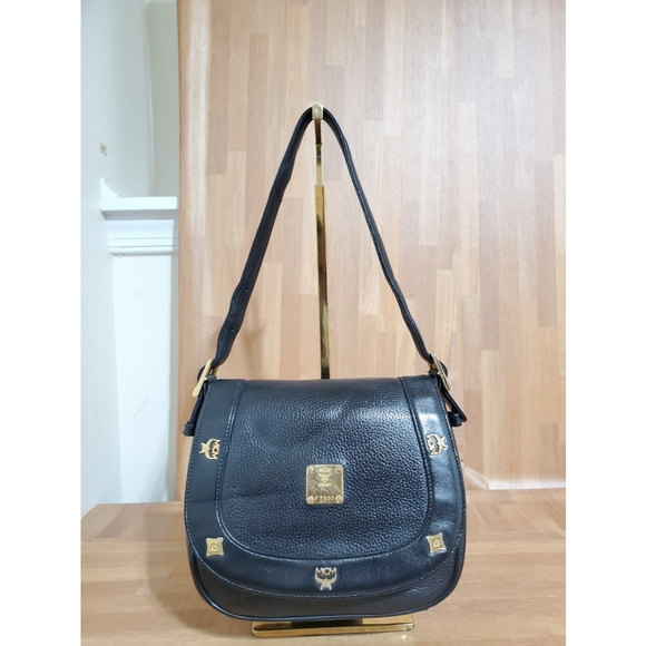 MCM Black Leather Studded Flap Shoulder Bag - Picture 1 of 12